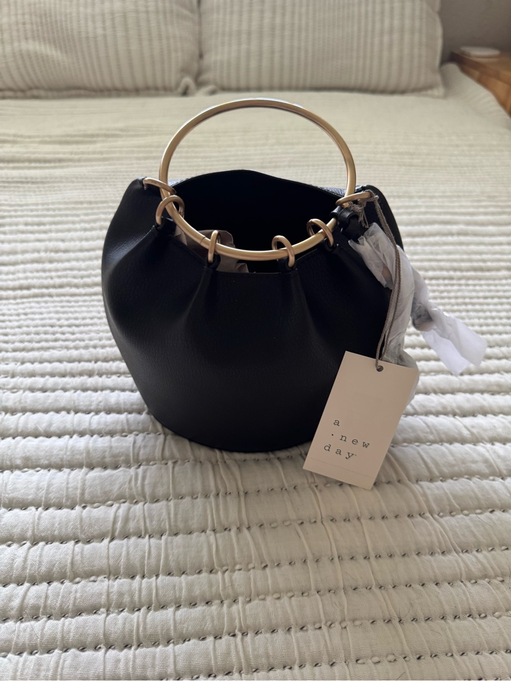 a new day Black Mini Bucket Bag with Gold Ring Handle Accent